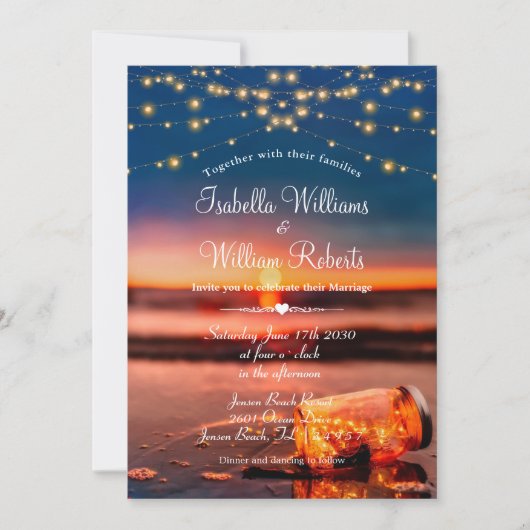 Modernes Summer Sunset Beach Mason Jar Wedding Einladung (Vorderseite)