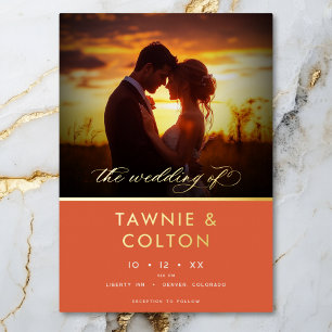 Modernes Sunset Orange Script Foto Minimal Wedding Folieneinladung