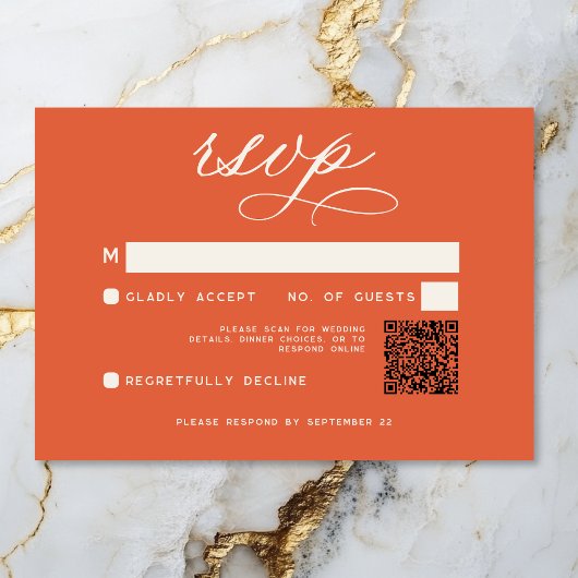 Modernes Sunset Orange Script Minimal Wedding QR RSVP Karte
