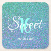 Modernes Sweet 16 Aquamarin Blue Glitzer Personali Rechteckiger Pappuntersetzer (Vorderseite)