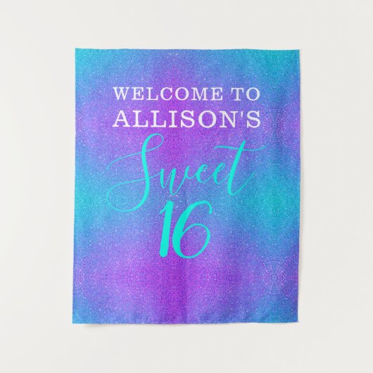 Modernes Sweet 16 Aquamariner Lila Glitzer Persona Wandteppich (Vorderseite)