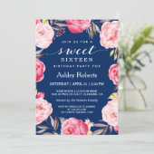 Modernes Sweet 16 Birthday Navy Blauer Blumenreath Einladung (Stehend Vorderseite)
