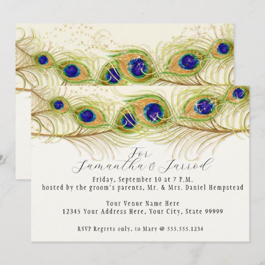 Modernes Swirk Peacock Feathers Probe Dinner Einladung (Vorne/Hinten)