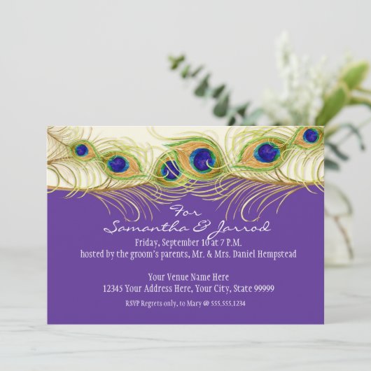Modernes Swirk Peacock Feathers Probe Dinner Einladung (Stehend Vorderseite)