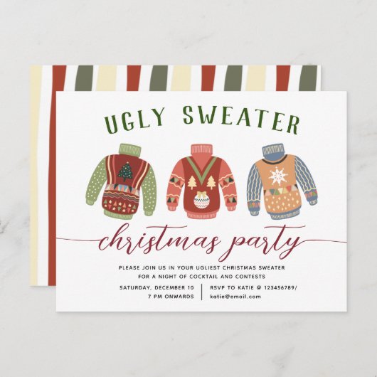 Modernes Tacky Ugly Sweater Weihnachts-Party Einladungspostkarte (Vorne/Hinten)