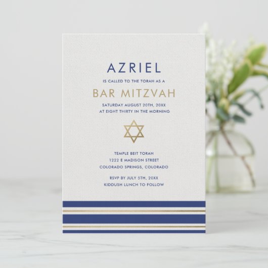 Modernes Tallit Bar Mitzvah Einladung (Stehend Vorderseite)