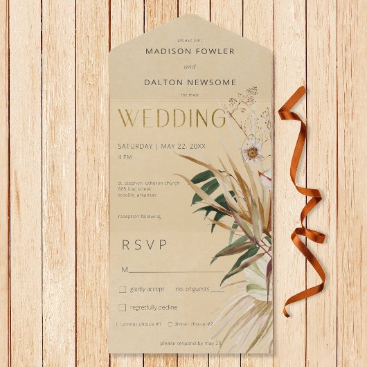 Modernes Tan Boho Dried Floral Bouquet Dinner All In One Einladung