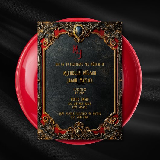 Modernes Tarot Gothic Black and Gold Monogram Einladung