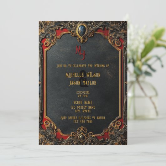 Modernes Tarot Gothic Black and Gold Monogram Einladung (Stehend Vorderseite)