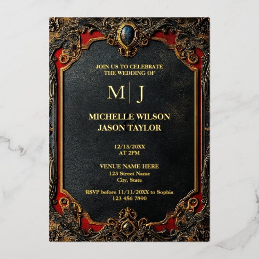 Modernes Tarot Gothic Black and Gold Monogram Folieneinladung (Vorderseite)