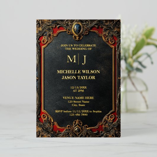 Modernes Tarot Gothic Black and Gold Monogram Folieneinladung (Stehend vorne)