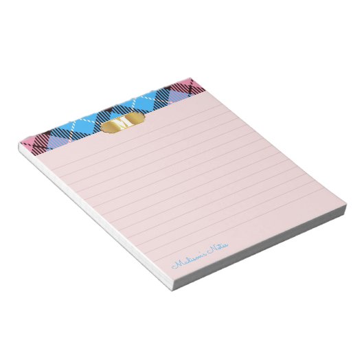 Modernes Tartan Golden Monogram Script Apricot Lin Notizblock (angewinkelt)