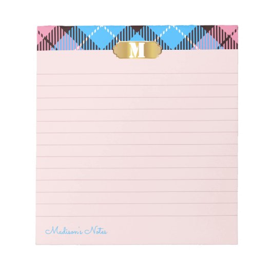 Modernes Tartan Golden Monogram Script Apricot Lin Notizblock (Vorderseite)