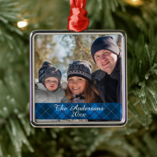 Modernes Tartan Kariertes Foto Silver Ornament Aus Metall