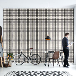 Modernes Tartan Pastel Grau Schwarzes Muster Tapete