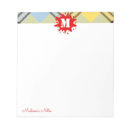 Modernes Tartan Red Splash Custom Script Monogram Notizblock