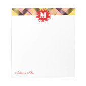 Modernes Tartan Red Splash Custom Script Monogram Notizblock (Vorderseite)