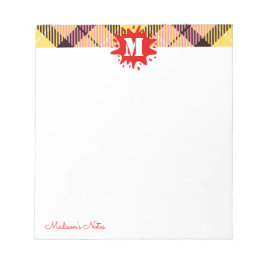 Modernes Tartan Red Splash Custom Script Monogram Notizblock