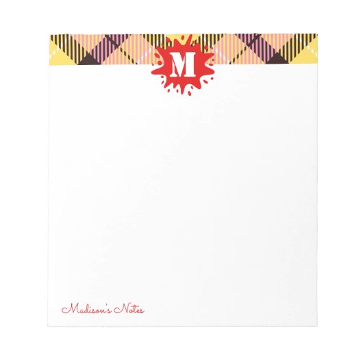 Modernes Tartan Red Splash Custom Script Monogram Notizblock (Vorderseite)
