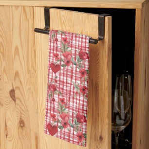Modernes Tartan rotes Blumenmuster Geschirrtuch