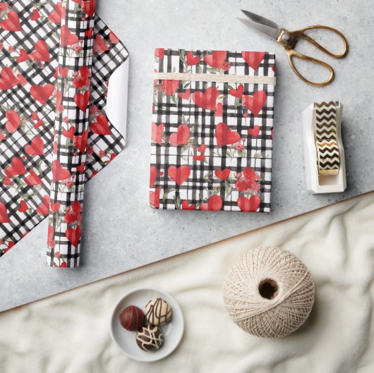 Modernes Tartan Rotherz Muster Geschenkpapier (Kunsthandwerk)