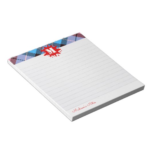 Modernes Tartan Splash Custom Script Monogram Line Notizblock (angewinkelt)
