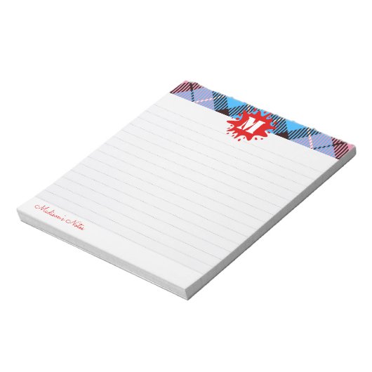 Modernes Tartan Splash Custom Script Monogram Line Notizblock (Rotiert)