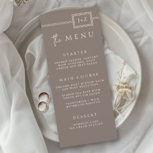 Modernes Taupe-Minimalistisches Mongram-Hochzeitme Menükarte