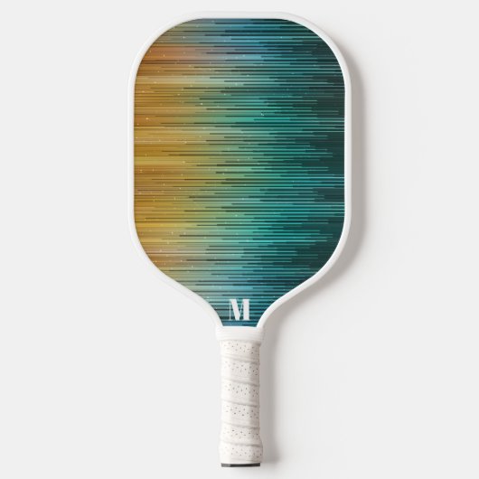 Modernes Techno-Screen Blau-Gelbe Monogramm Pickleball Schläger (Vorderseite)