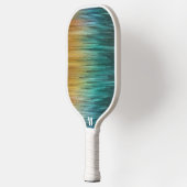 Modernes Techno-Screen Blau-Gelbe Monogramm Pickleball Schläger (Links)