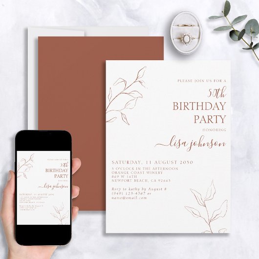 Modernes Terracotta Script Botanical 50. Geburtsta Einladung