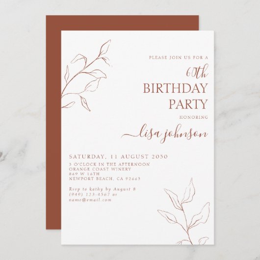 Modernes Terracotta Script Botanical 60. Geburtsta Einladung (Vorne/Hinten)