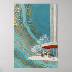 Modernes Terrassenposter Abstrakte Türkise Wellen Poster
