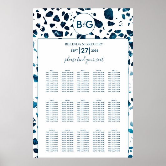 Modernes Terrazzo Mosaik Blue Wedding Chart Poster (Vorne)