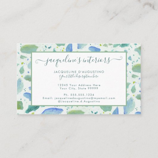 Modernes Terrazzo Muster Script Aqua Green Visitenkarte (Rückseite)