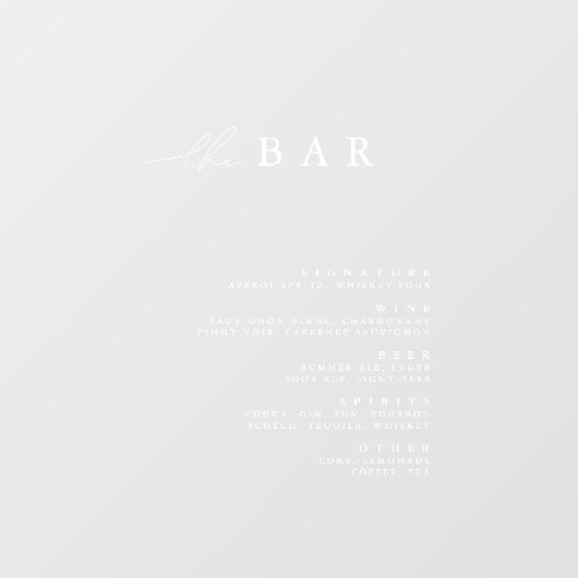 Modernes, transparentes Minimalistisches Bar Menu Fensteraufkleber (Blatt)
