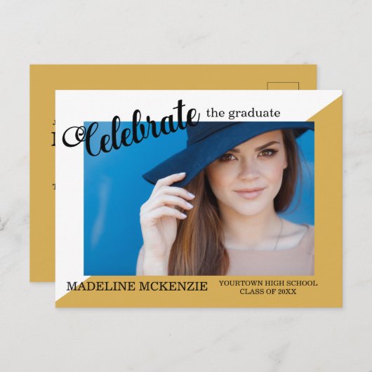 Modernes, trendig-gelb-weißes Graduiertenparty-Fot Postkarte (Vorne/Hinten)
