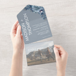 Modernes, trendiges, blaues Foto-Hochzeit All In One Einladung