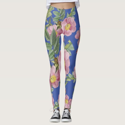 Modernes, trendiges Blumenmuster in blauen Rosa Leggings (Vorderseite)