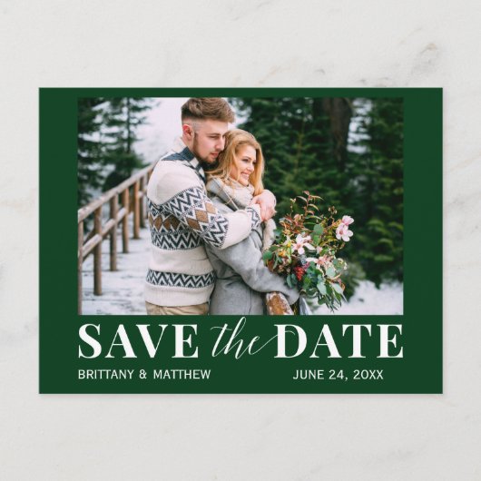 Modernes trendiges Foto Forest Green Save the Date Postkarte (Vorderseite)