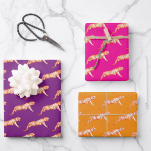 Modernes, trendiges Orange Pink Lila Tiger Muster Geschenkpapier Set
