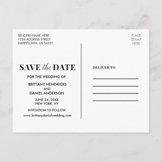 Modernes, trendiges, Save the Date Schwarz-Weiß-Fo Postkarte (Rückseite)