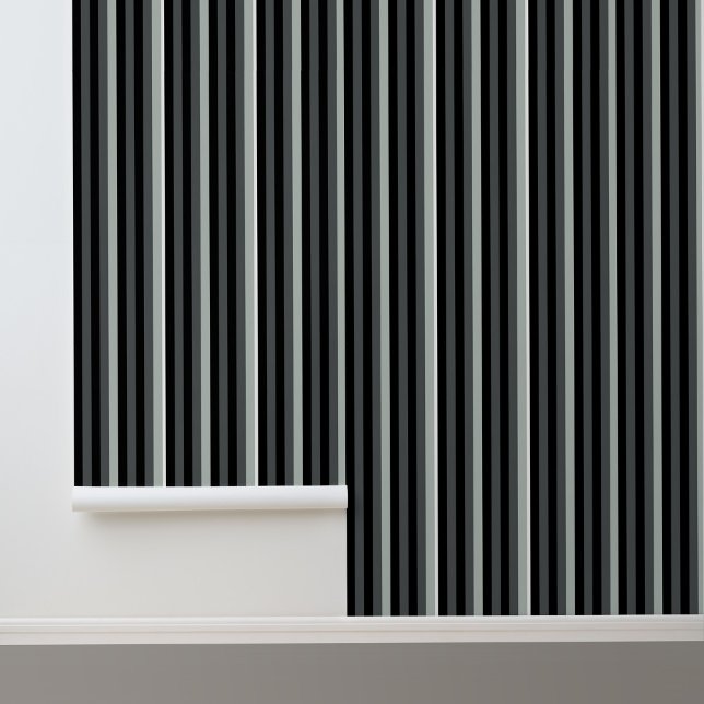 Modernes, trendiges Schwarz-Grau-Streifen-Muster Tapete (Stylish Modern Black and Gray Stripes Peel and Stick Wallpaper.)