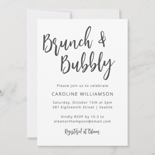 Modernes, trendiges Script Brunch Bubbly Shower Wh Einladung (Vorderseite)