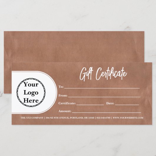 Modernes trendisches Logo | Rustic Kraft Gift Cert (Vorne/Hinten)