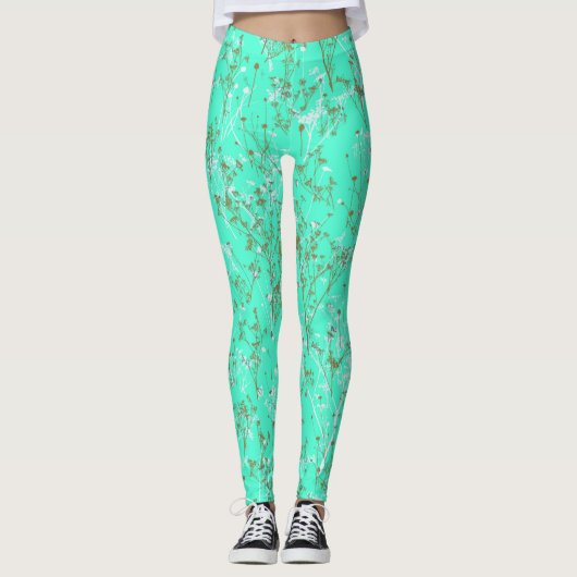 Modernes Trendy Aqua Blue Wildblume Pattern Leggings (Vorderseite)