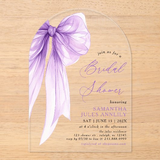 Modernes Trendy Coquette Lila Bow Brautparty Acryleinladungen (Vorderseite)