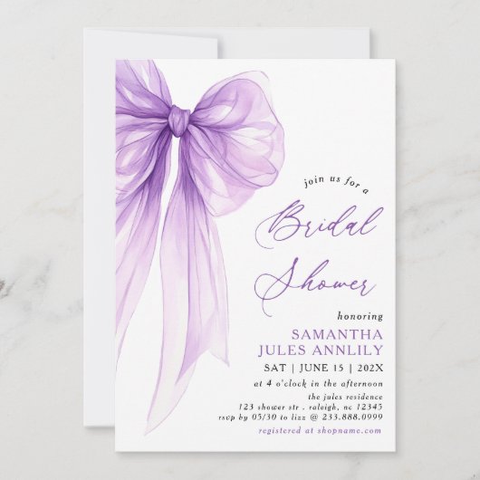 Modernes Trendy Coquette Lila Bow Brautparty Einladung (Vorderseite)