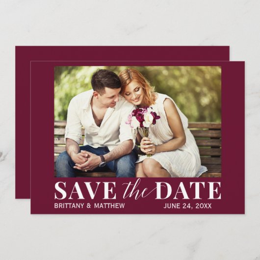 Modernes trendy Foto Burgundy Save The Date (Vorne/Hinten)