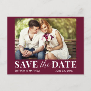 Modernes trendy Foto Burgundy Save the Date Postkarte
